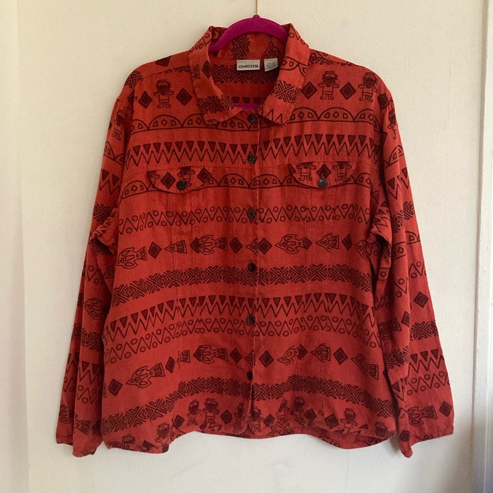 Vintage Chico's Womens Size Large Blouse Linen Tribal Geometric Fish Lagenlook